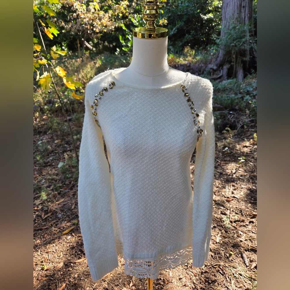Chico's Knit Sweater with Gold‎ Rhinestone Accents And Lace